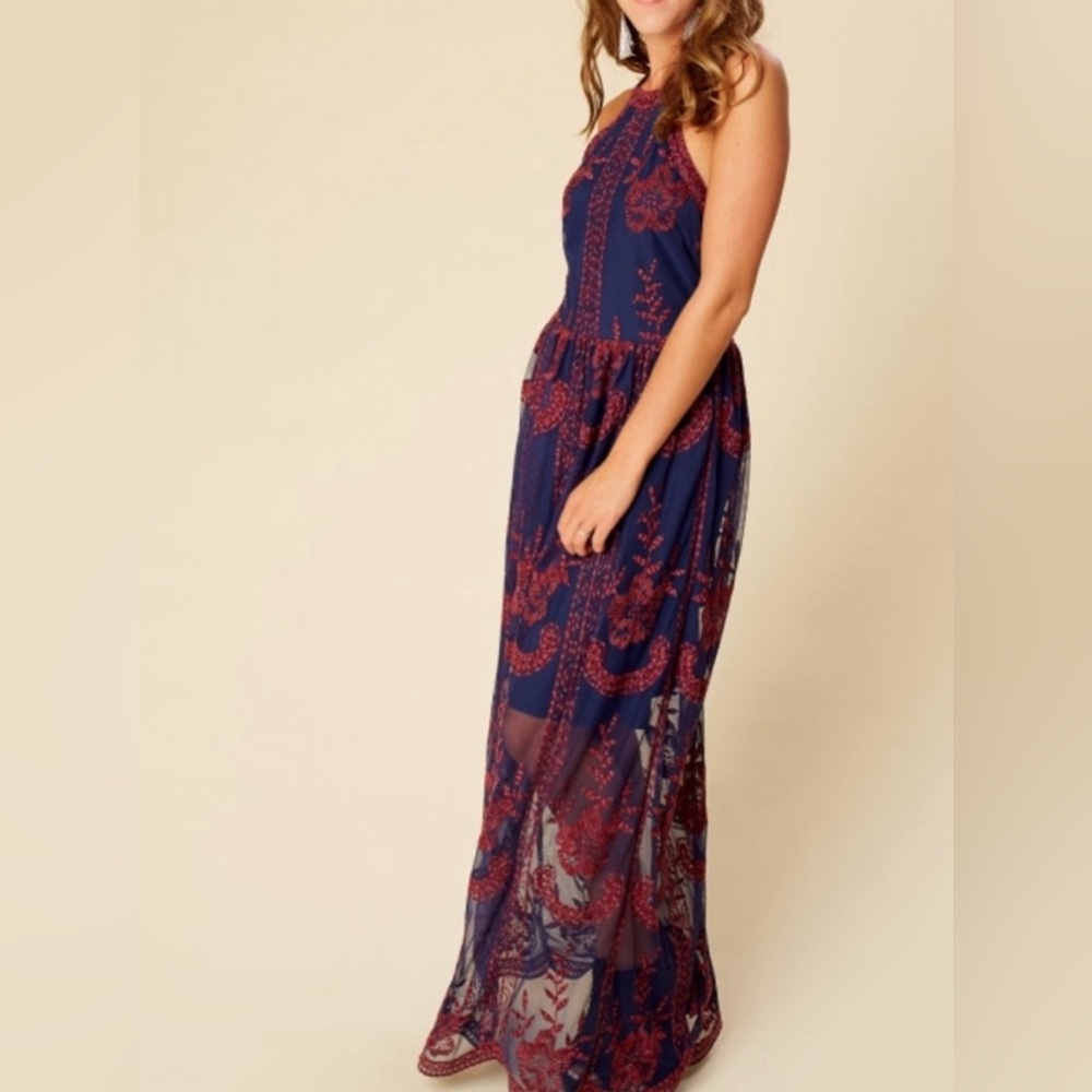 Altar’d State Halter Style Maxi Dress with Mesh Overlay Navy/Burgundy Size S.